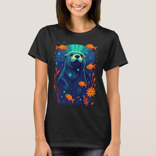 水中魚海藻ナチュラルラバーシルエットカワウソ Tシャツ (正面)