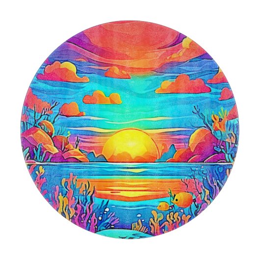 水中鮮やか夕日のアートワーク カッティングボード (正面)