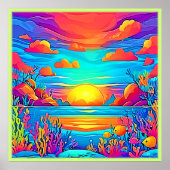 水中鮮やか夕日のアートワーク ポスター (正面)
