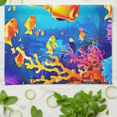水中鮮やか魚ワールドデザイン キッチンタオル (折り畳み)