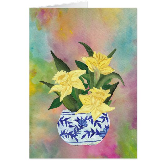 水仙の入った青と白の花瓶 (正面)