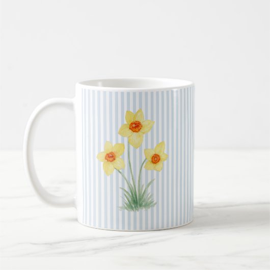 水仙の春の花の絵ブルーストライプ コーヒーマグカップ (左)