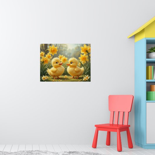 水仙の花の中で遊ぶ陽気なヒヨコのペア ポスター (子ども部屋1)
