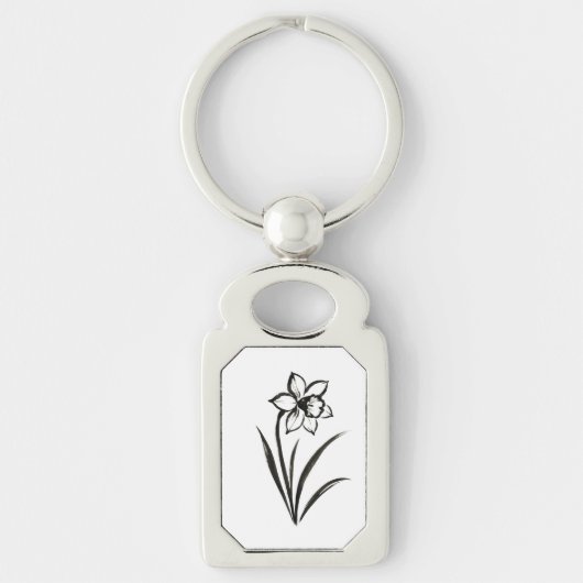 水仙の花 - モノクロの植物画を キーホルダー (正面)