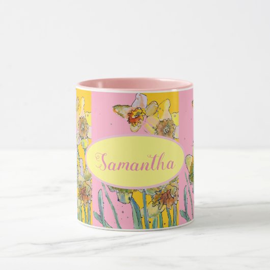 水仙絵画の水彩黄ピンクフローラ マグカップ (中央)