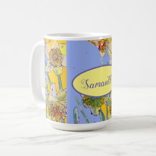 水仙絵画の水彩黄紫色フローラ コーヒーマグカップ