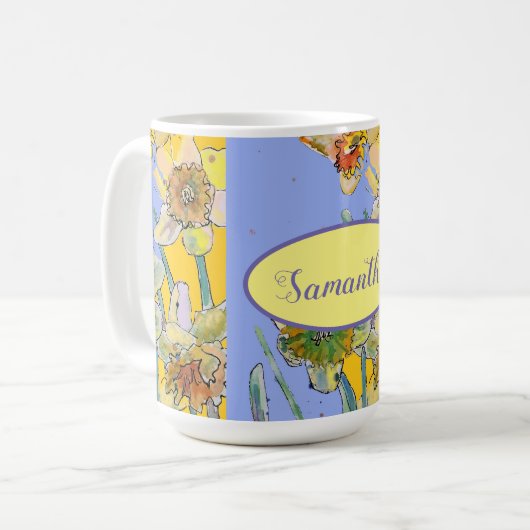 水仙絵画の水彩黄紫色フローラ コーヒーマグカップ (正面左)