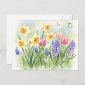 水仙、チューリップ、ヒヤシンス、蝶はがき ポストカード (正面/裏面)