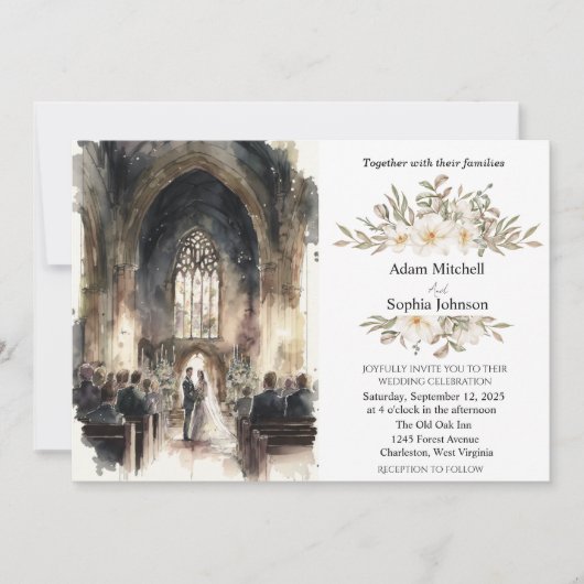 水伝統的色の教会結婚 招待状 (正面)