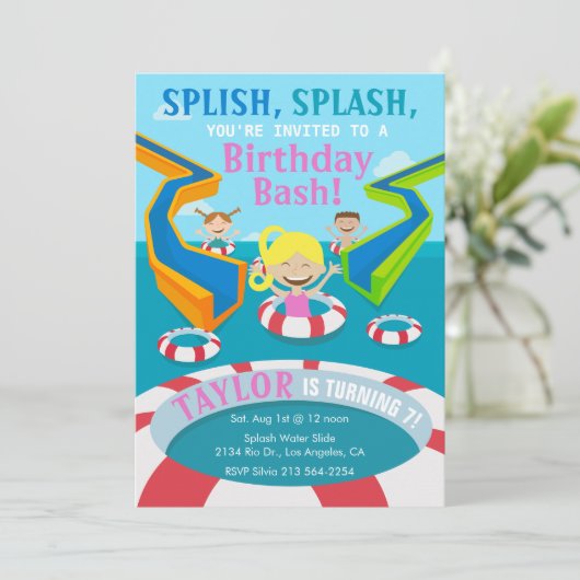 水公園の女の子の水泳の誕生日のパーティの招待状 招待状 (スタンド正面)