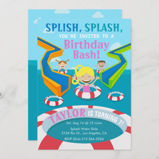 水公園の女の子の水泳の誕生日のパーティの招待状 招待状 (正面/裏面)