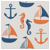 水兵の青とオレンジの海洋パターン ファブリック (クローズアップ)