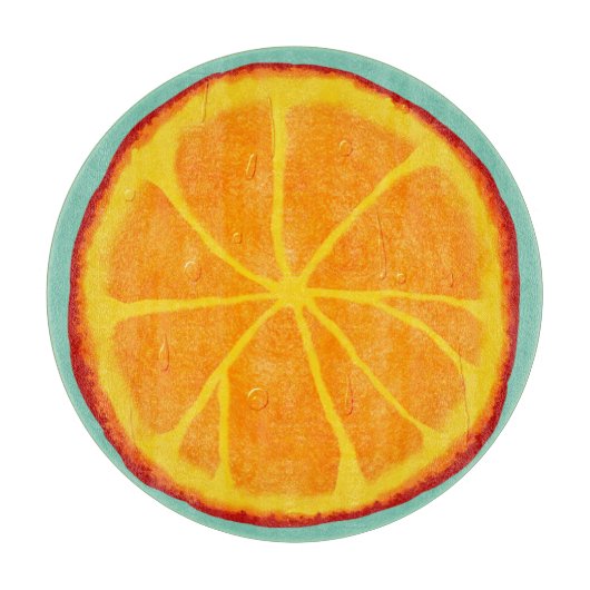 水分が多いオレンジ切れの円形のガラスまな板 カッティングボード (正面)