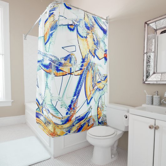 水切りインクなし、オレンジ色の青いシアン色の斑点のある画像 シャワーカーテン (インサイチュ)