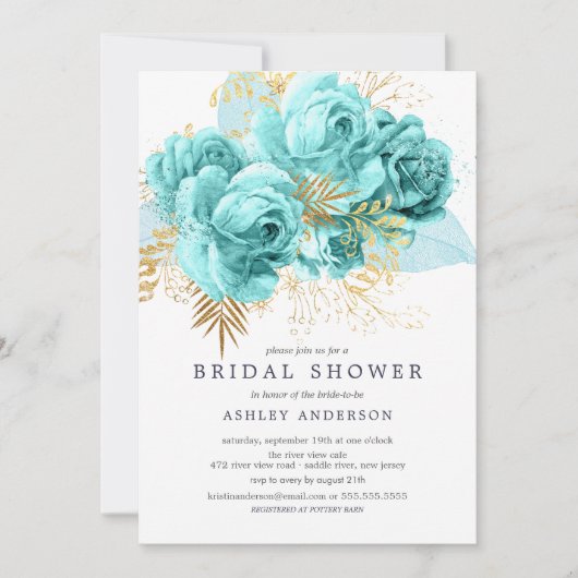 水及び金ゴールドの花柄のブライダルシャワー 招待状 (正面)