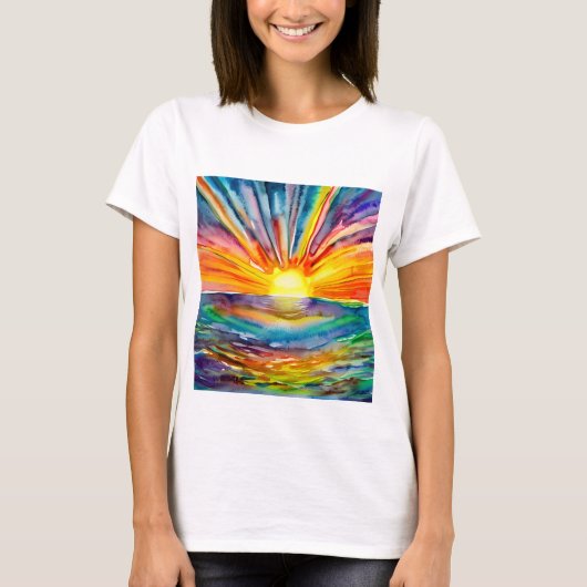 水反射デジタルアートの上に鮮やかな夕日 Tシャツ (正面)
