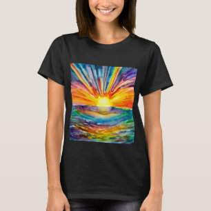 水反射デジタルアートの上に鮮やかな夕日 Tシャツ