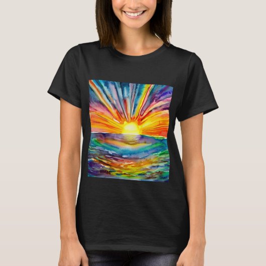 水反射デジタルアートの上に鮮やかな夕日 Tシャツ (正面)