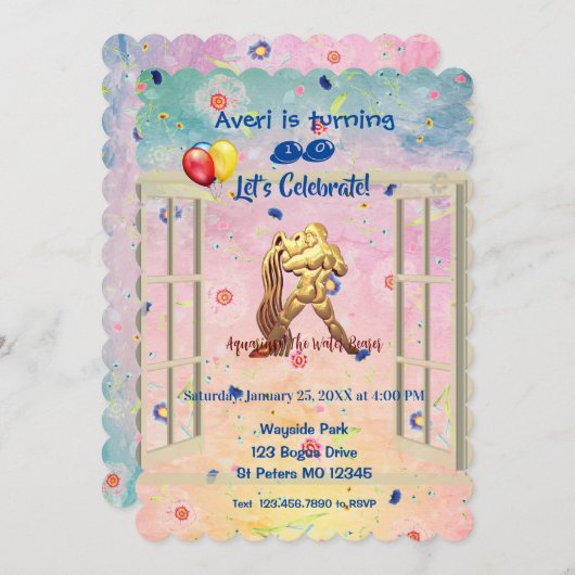 水受け（1月20日～2月18日）トレンディー誕生日 招待状 (正面/裏面)