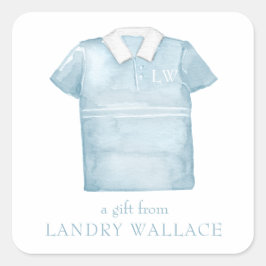 水名門私立校風の色ブルーモノグラムゴルフポロシャツ スクエアシール