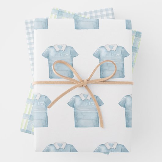 水名門私立校風の色ブルーモノグラムゴルフポロシャツ ラッピングペーパーシート (インサイチュ)