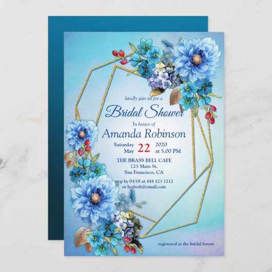 水図解入りの、写真付きの彩月花ブライダルシャワー 招待状 (正面/裏面)