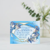 水図解入りの、写真付きの彩月花婚約 インビテーションポストカード (スタンド正面)