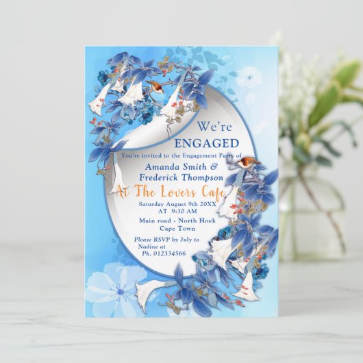 水図解入りの、写真付きの彩月花婚約 招待状 (スタンド正面)