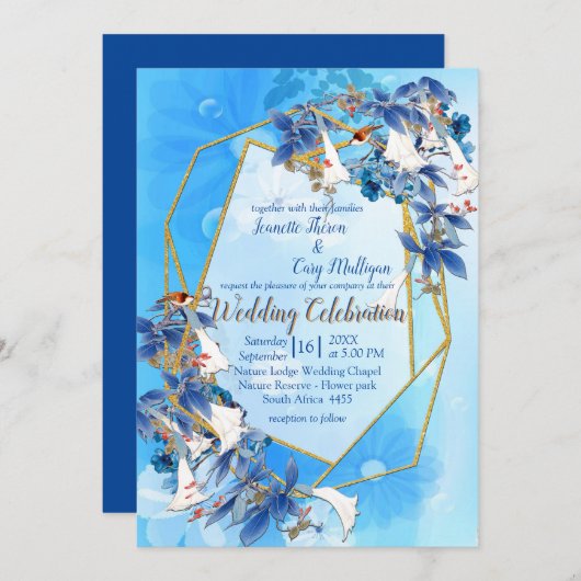 水図解入りの、写真付きの彩月花結婚の 招待状 (正面/裏面)