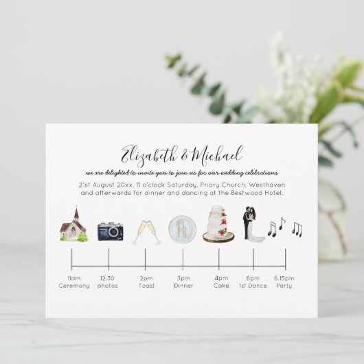 水図解入りの、写真付きの色の教会のタイムラ結婚イン 招待状 (スタンド正面)