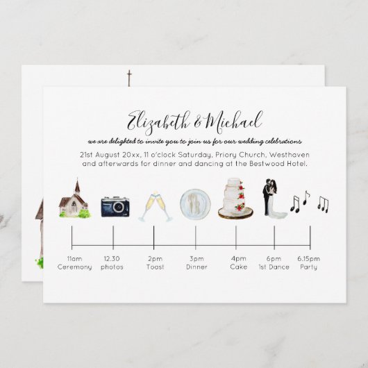 水図解入りの、写真付きの色の教会のタイムラ結婚イン 招待状 (正面/裏面)