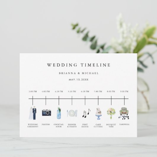 水図解入りの、写真付きの色の結婚式の日のタイムライン プログラム (スタンド正面)