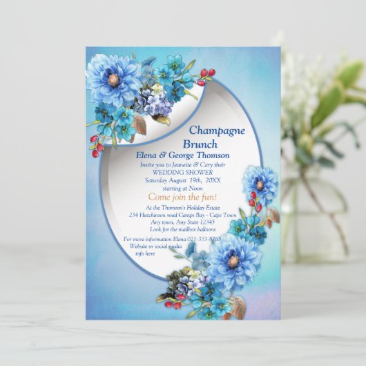 水図解入りの、写真付きの色ムーンフラワーカップルシャワー 招待状 (スタンド正面)