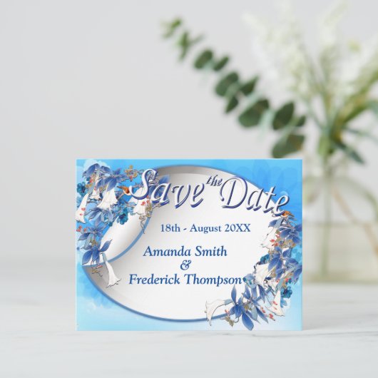 水図解入りの、写真付きの色ムーンフラワー日付の保存 案内ポストカード (スタンド正面)