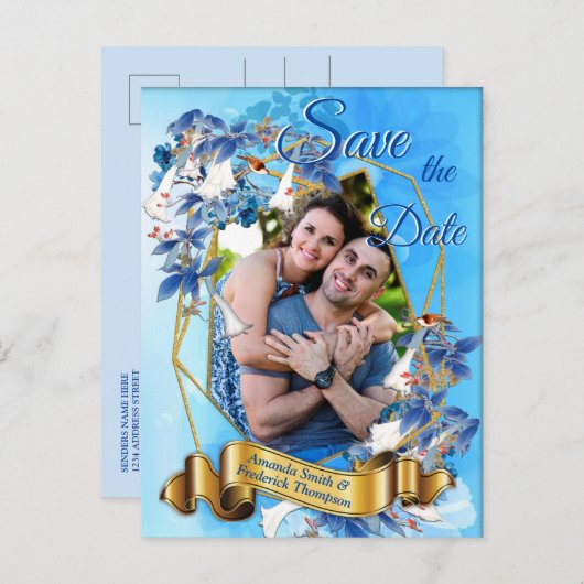 水図解入りの、写真付きの色月花日付を保存 案内ポストカード (正面/裏面)