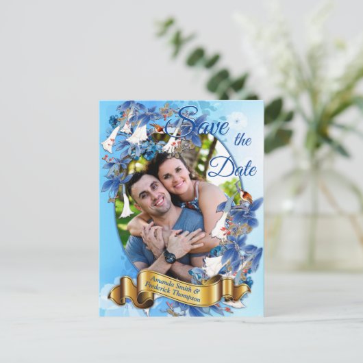 水図解入りの、写真付きの色月花日付を保存 案内ポストカード (スタンド正面)