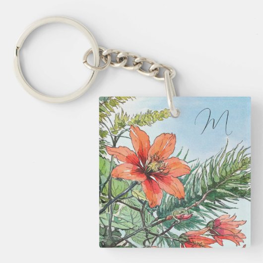 水図解入りの、写真付きの色植物性オレンジ色フローラ キーホルダー (正面)