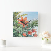 水図解入りの、写真付きの色植物性オレンジ色フローラ スクエア壁時計 (ホーム)