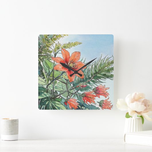 水図解入りの、写真付きの色植物性オレンジ色フローラ スクエア壁時計 (ホーム)