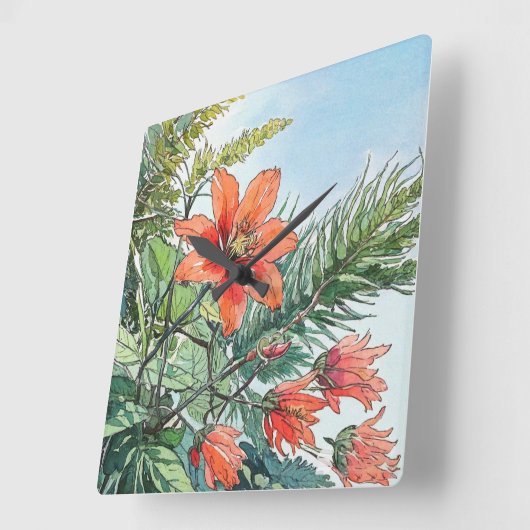 水図解入りの、写真付きの色植物性オレンジ色フローラ スクエア壁時計 (傾斜)