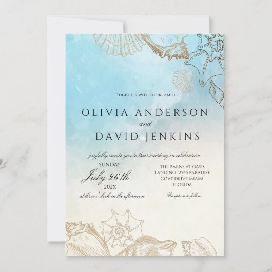 水地中海の色エレガントな結婚式 招待状 (正面)