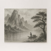 水墨の湖畔と釣り舟 / Fisherman on an Ink-Wash Lake ジグソーパズル (横)