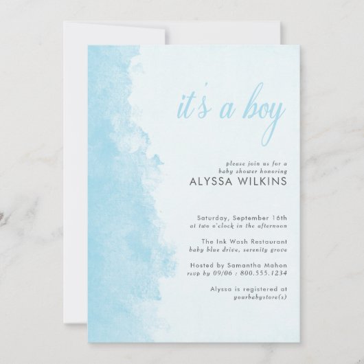 水墨水彩テクスチャー男の子のシャワー 招待状 (正面)