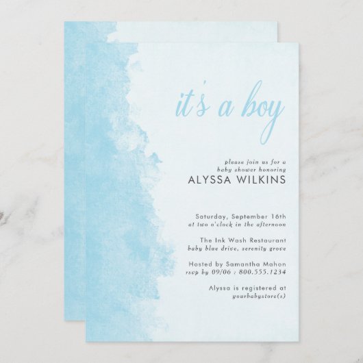 水墨水彩テクスチャー男の子のシャワー 招待状 (正面/裏面)