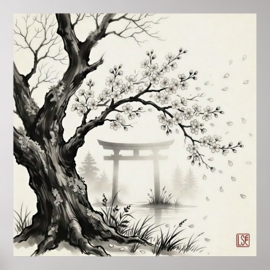 水墨画の桜と鳥居 ポスター (正面)