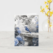 水墨画の石の庭のベンチの瑠璃鳥 カード (黄色い花)