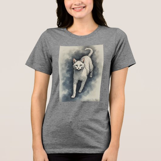 水墨画風の白猫 トライブレンドTシャツ (正面)