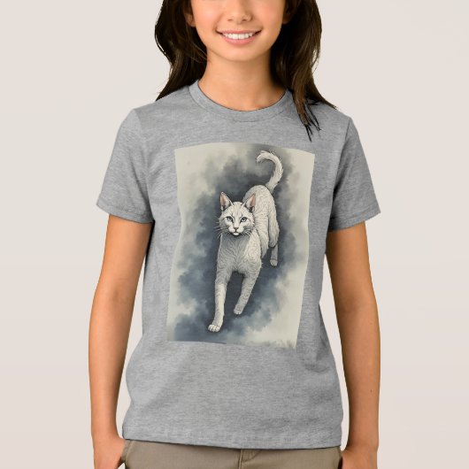 水墨画風の白猫 トライブレンドTシャツ (正面)