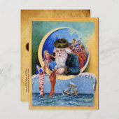 水夫のサンタ、月、クリスマスソックスと玩具 シーズンポストカード (正面/裏面)