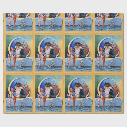 水夫のサンタ、月、クリスマスソックスと玩具 ラッピングペーパー (フラット)